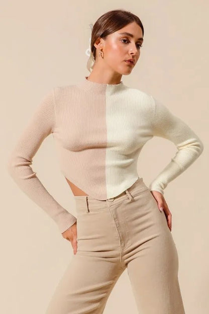 Womens Beige Ribbed Color Block Fitted Crop Sweater - AMVIM