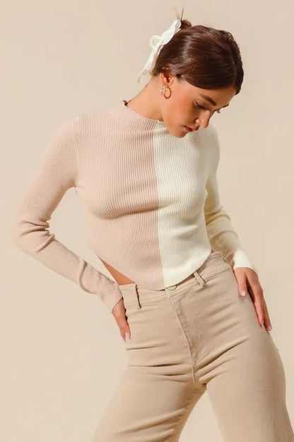 Womens Beige Ribbed Color Block Fitted Crop Sweater - AMVIM