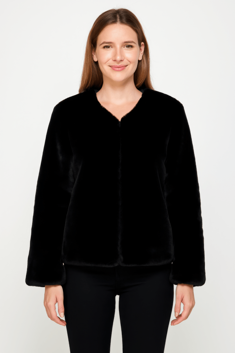 Women's Black Faux Fur Trim Open Front Cape - AMVIM