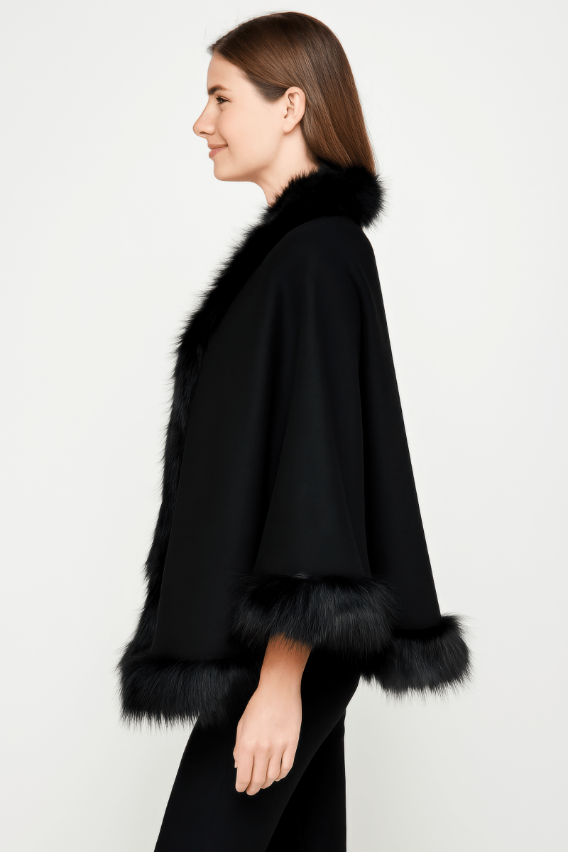 Women's Black Faux Fur Trim Open Front Cape - AMVIM