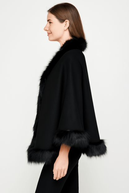 Women's Black Faux Fur Trim Open Front Cape - AMVIM