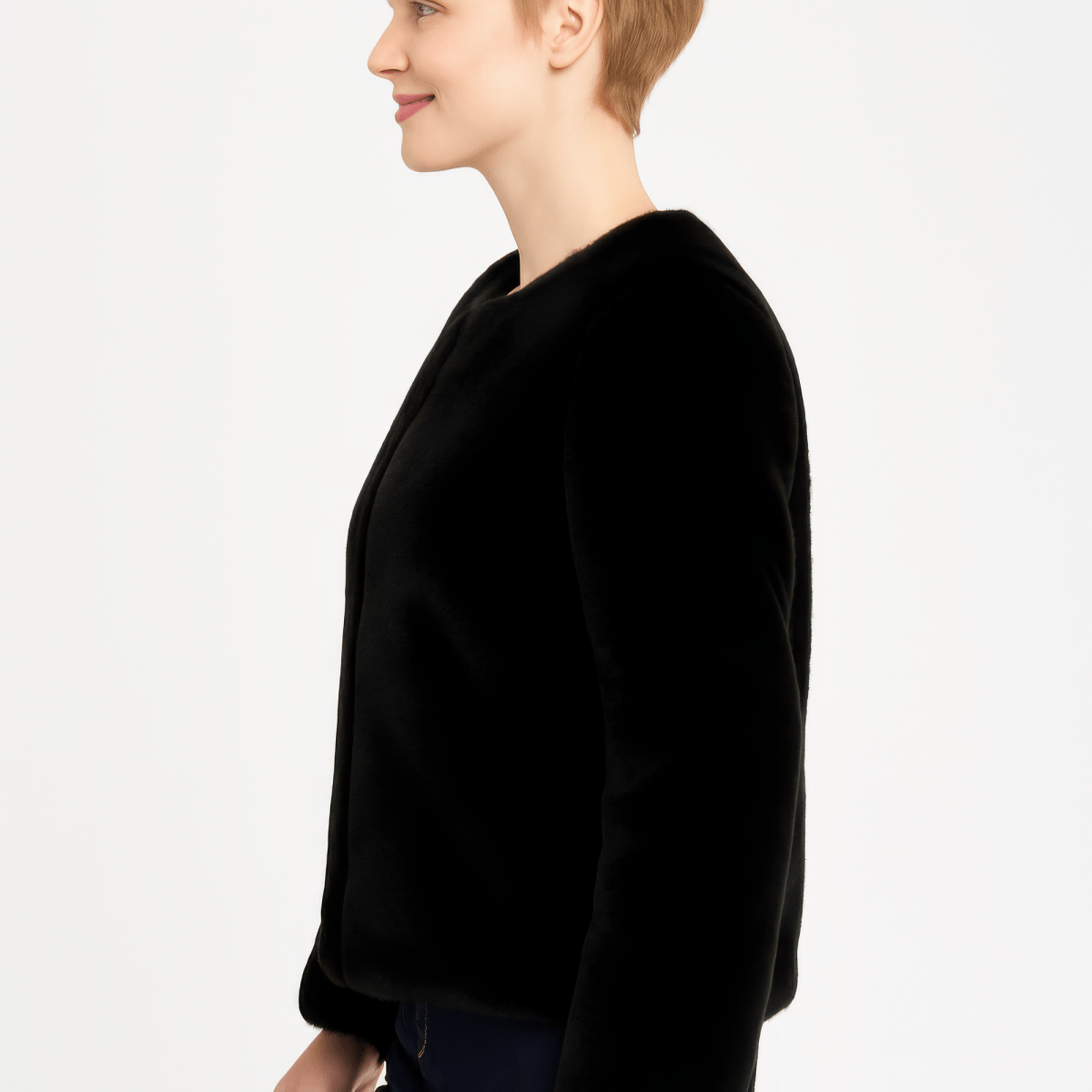 Women's Black Faux Fur Trim Open Front Cape - AMVIM