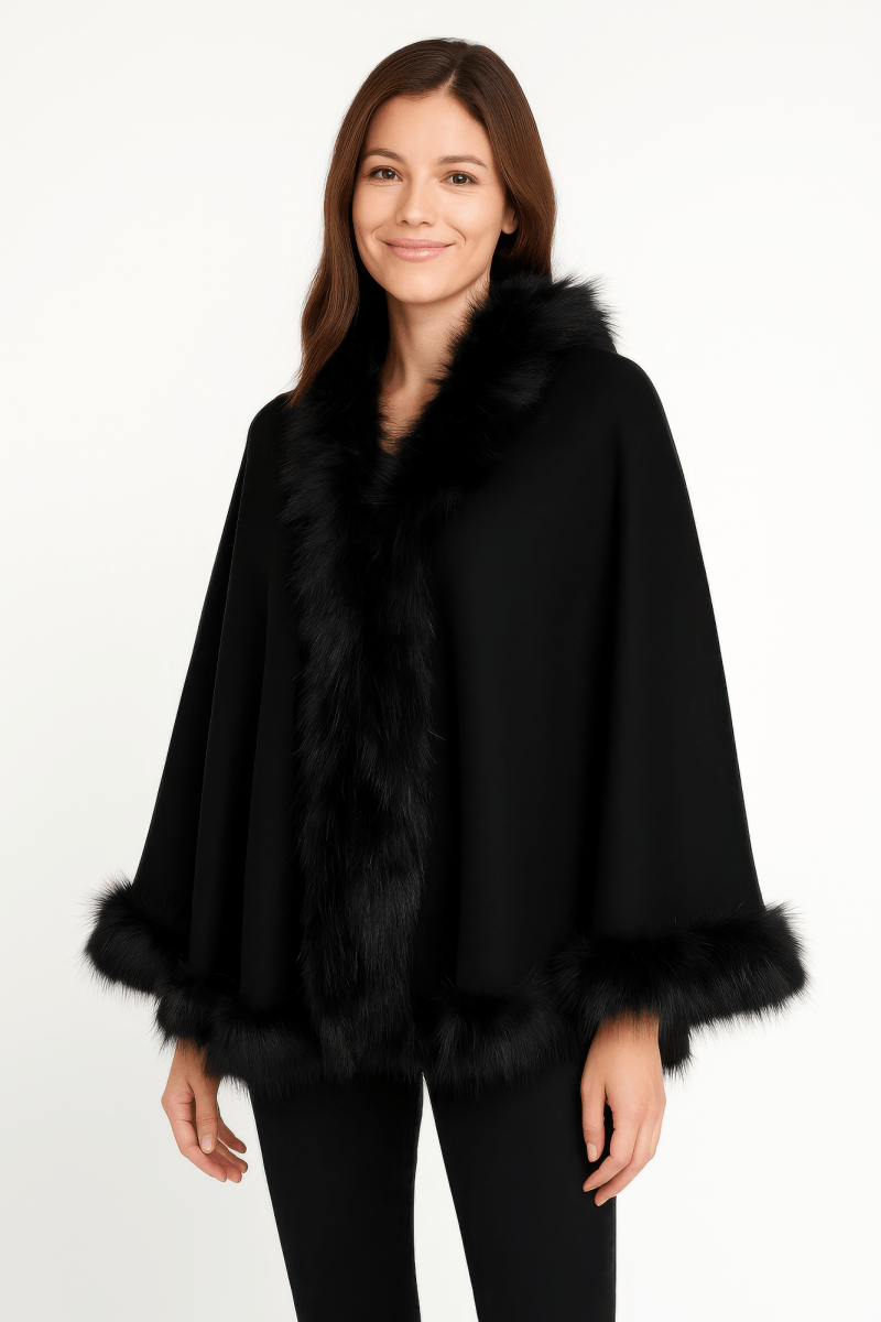 Women's Black Faux Fur Trim Open Front Cape - AMVIM