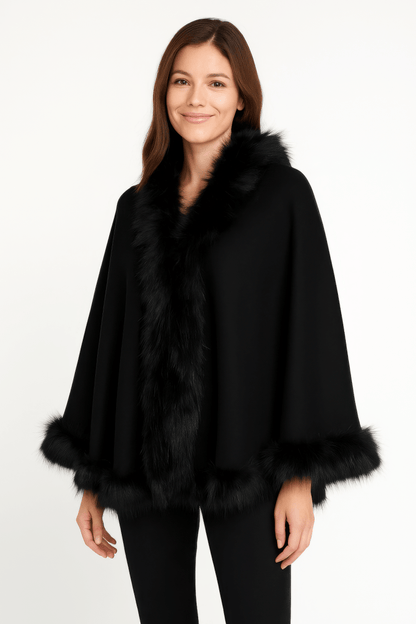 Women's Black Faux Fur Trim Open Front Cape - AMVIM