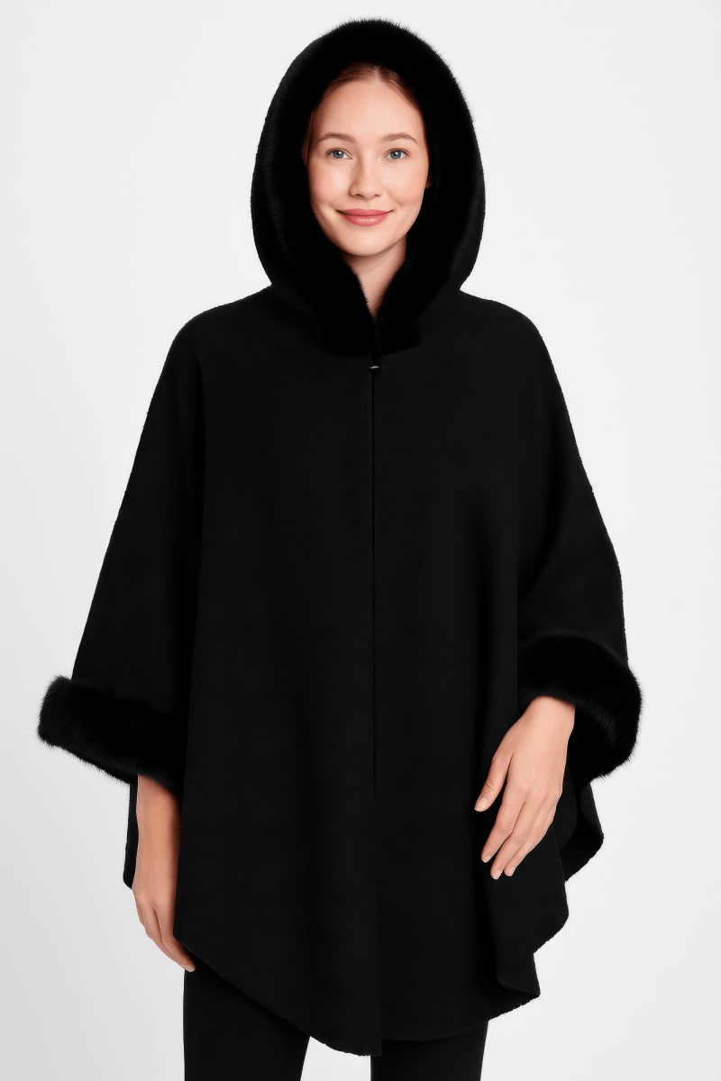 Women's Black Hooded Faux Fur Trim Cape - AMVIM
