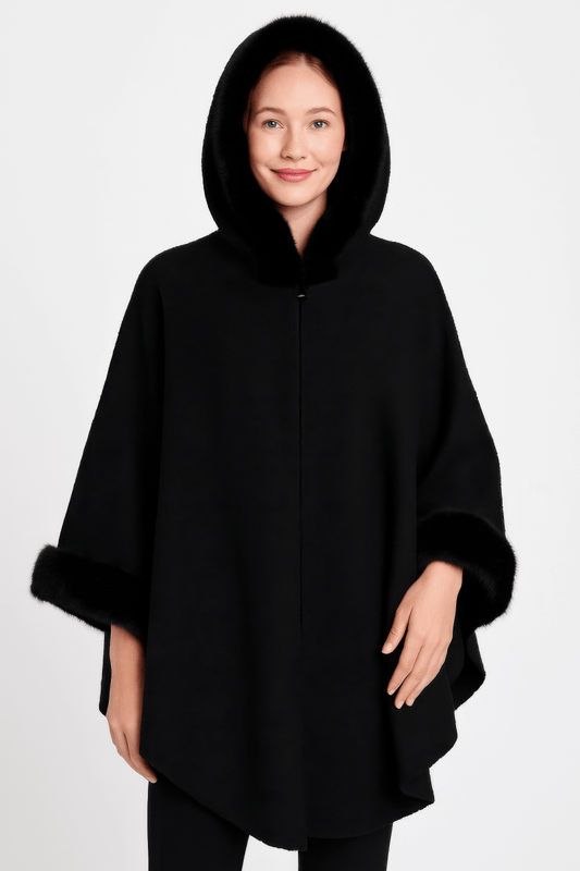 Women's Black Hooded Faux Fur Trim Cape - AMVIM