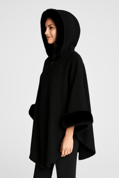 Women's Black Hooded Faux Fur Trim Cape - AMVIM