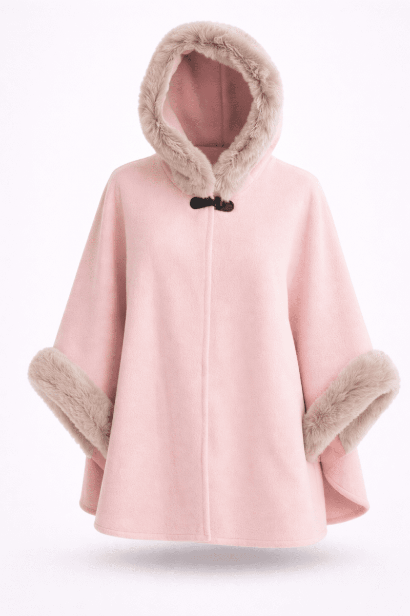 Women's Black Hooded Faux Fur Trim Cape - AMVIM