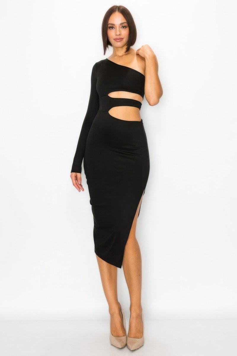 Women's Black Maxi Dress – One Shoulder with Waist Cut - Out - AMVIM