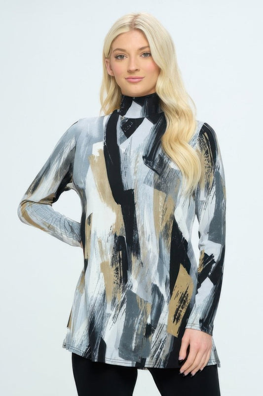 Women's Bns Print Fitted Mock Neck Top Lightweight - AMVIM