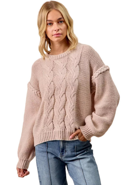 Women's Cable Knit Braid Shoulder Pullover Sweater - AMVIM
