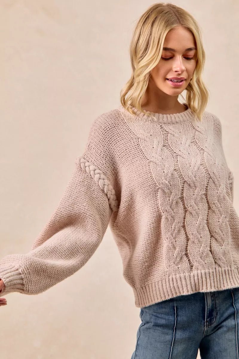 Women's Cable Knit Braid Shoulder Pullover Sweater - AMVIM