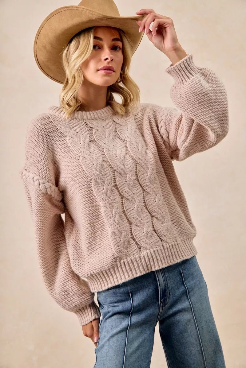 Women's Cable Knit Braid Shoulder Pullover Sweater - AMVIM