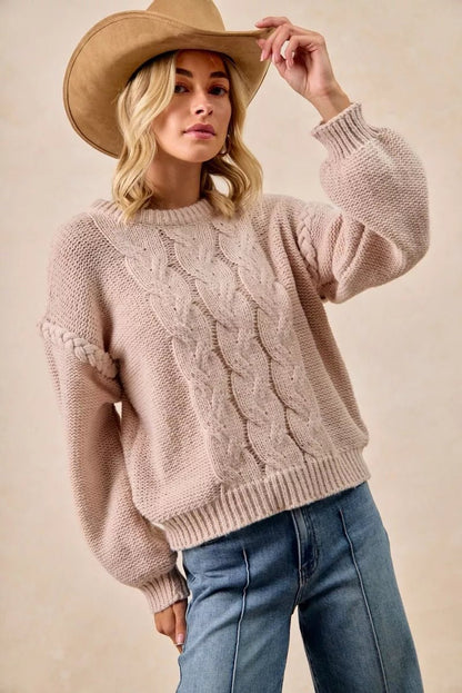 Women's Cable Knit Braid Shoulder Pullover Sweater - AMVIM