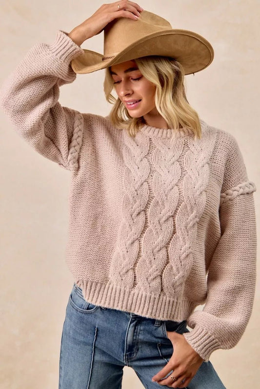 Women's Cable Knit Braid Shoulder Pullover Sweater - AMVIM