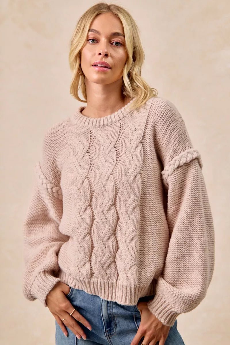 Women's Cable Knit Braid Shoulder Pullover Sweater - AMVIM