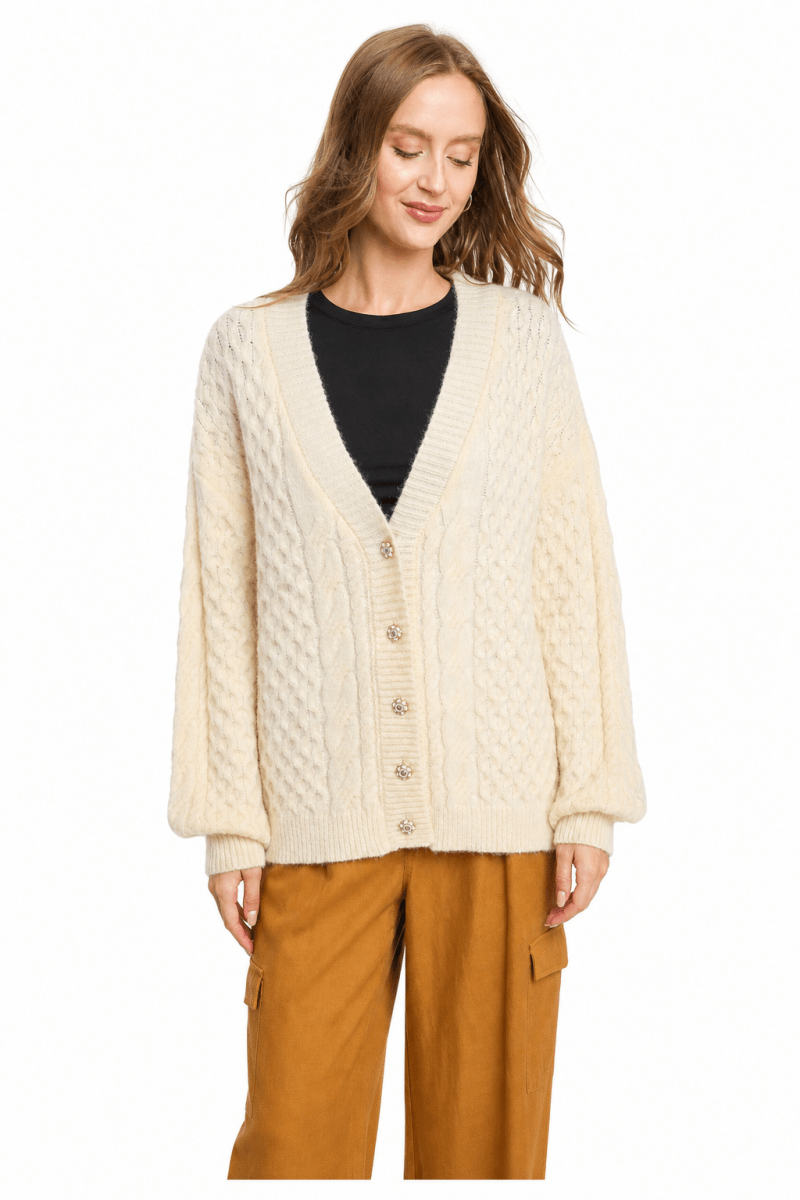 Women's Cable Knit Cardigan – V-Neck - AMVIM