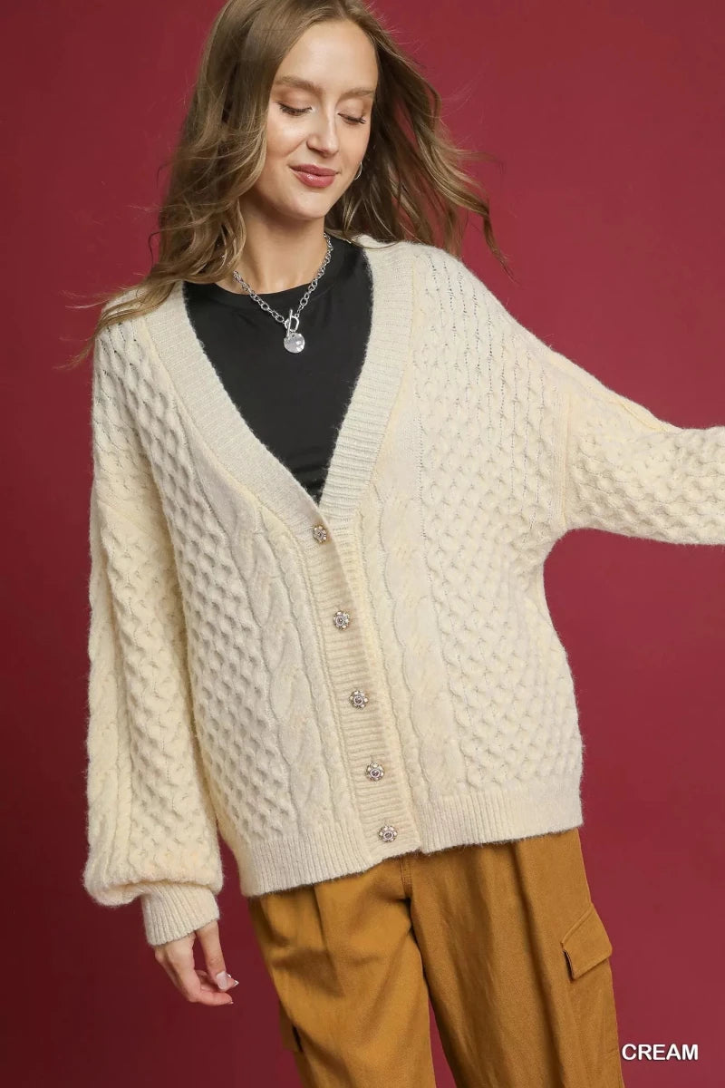 Women's Cable Knit Cardigan – V-Neck - AMVIM