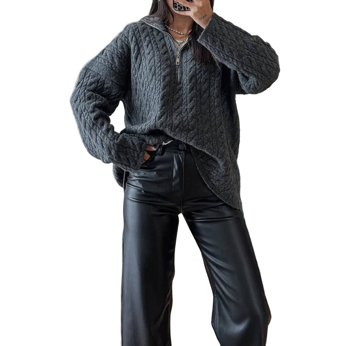 Women's Cable Knit Half - Zip Loose Fit Sweater - AMVIM