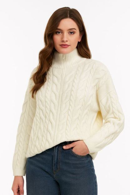 Women's Cable Knit Half - Zip Loose Fit Sweater - AMVIM