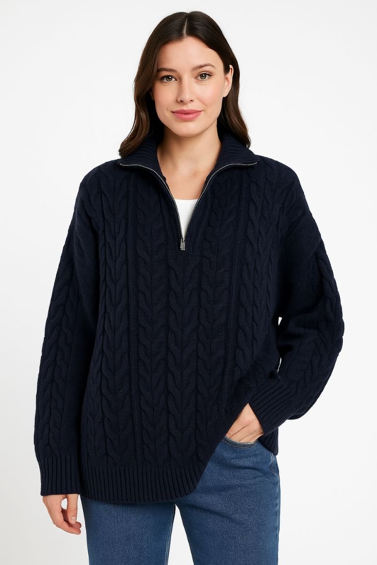Women's Cable Knit Half - Zip Loose Fit Sweater - AMVIM