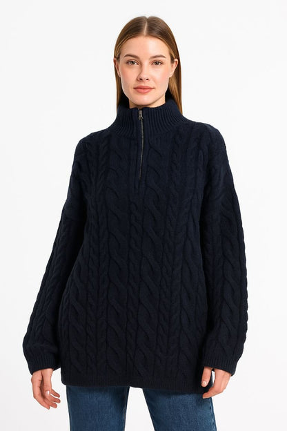 Women's Cable Knit Half - Zip Loose Fit Sweater - AMVIM