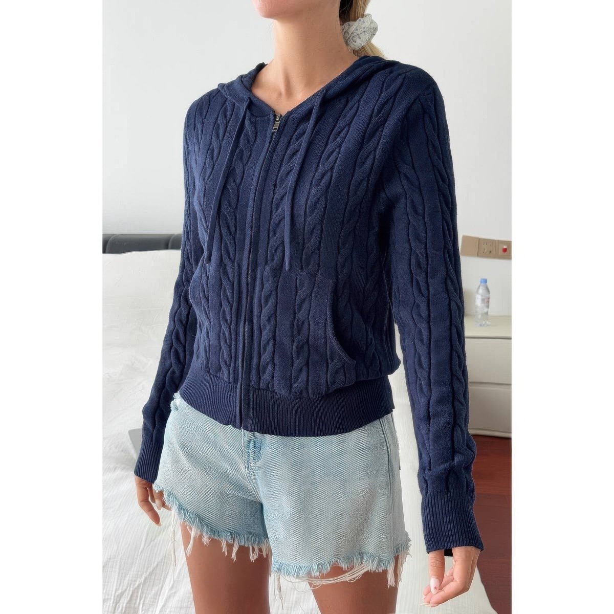 Women's Cable Knit Pocket Hooded Jacket – Cozy Fit - AMVIM