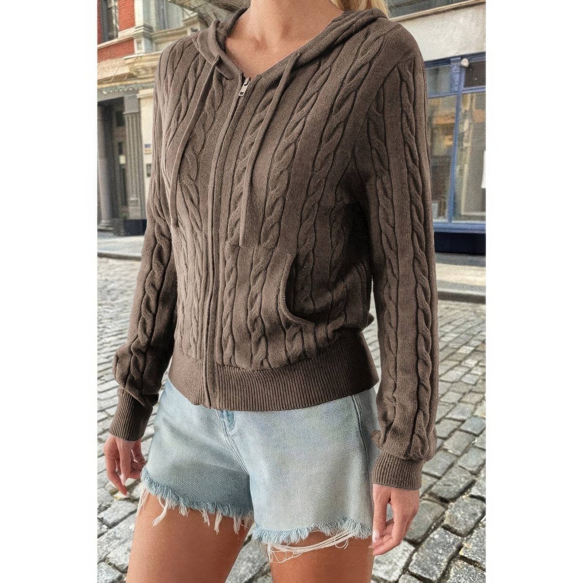 Women's Cable Knit Pocket Hooded Jacket – Cozy Fit - AMVIM