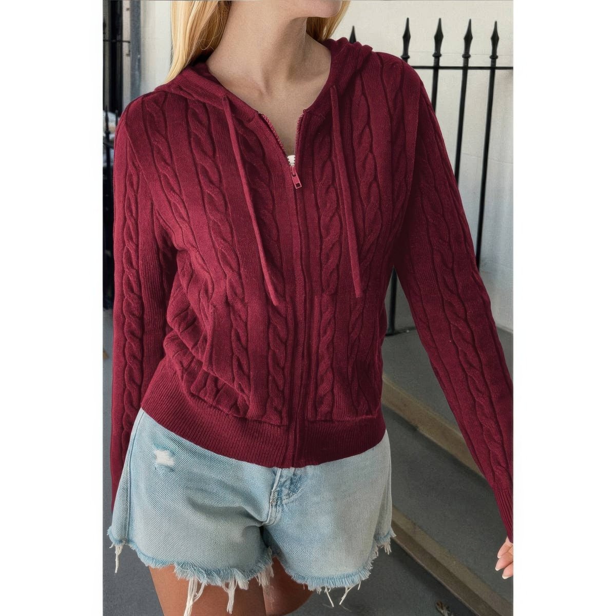 Women's Cable Knit Pocket Hooded Jacket – Cozy Fit - AMVIM