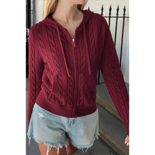 Women's Cable Knit Pocket Hooded Jacket – Cozy Fit - AMVIM