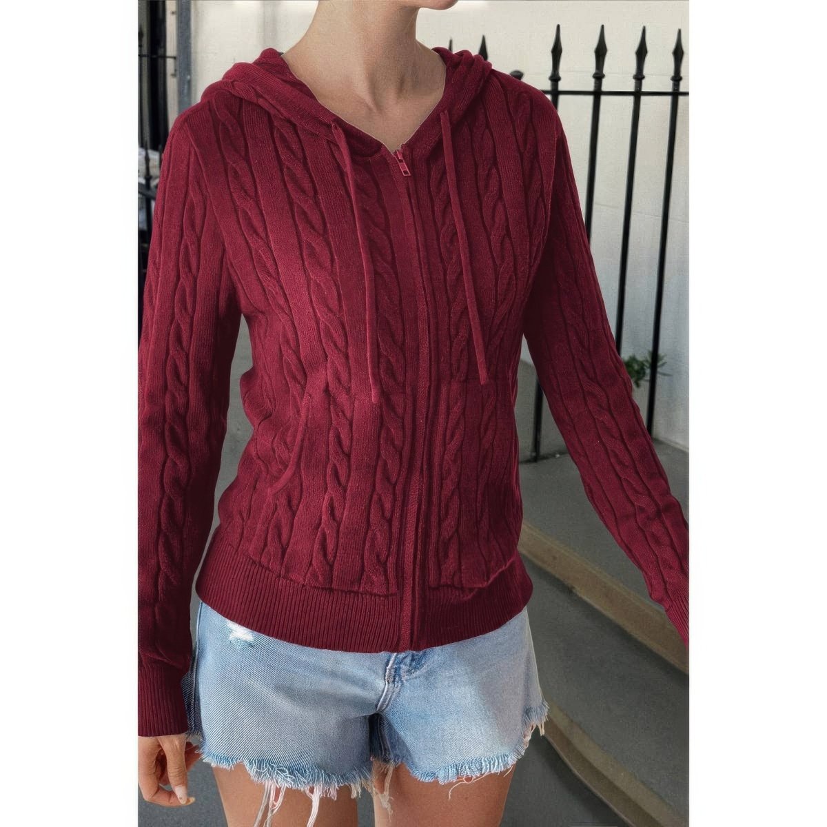 Women's Cable Knit Pocket Hooded Jacket – Cozy Fit - AMVIM