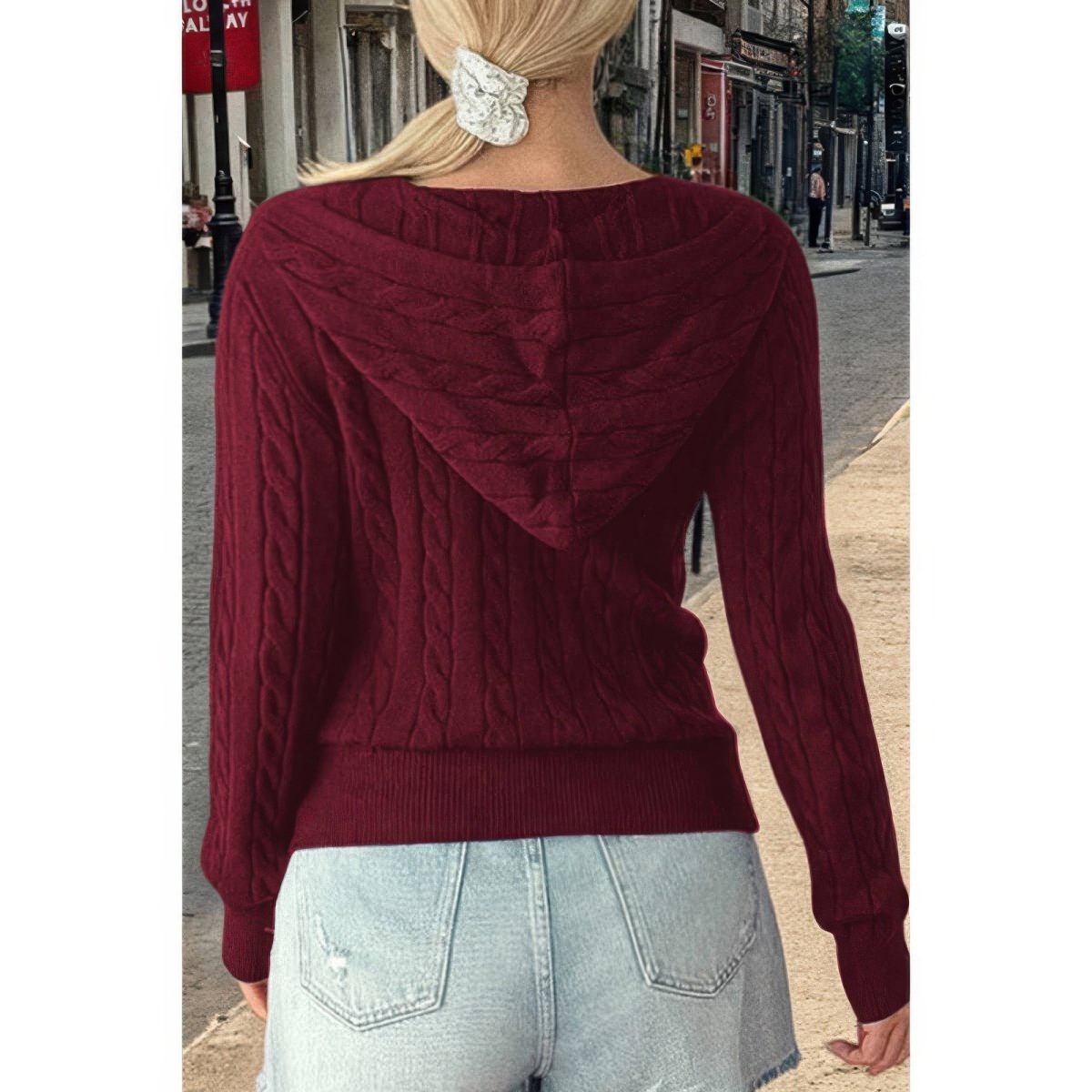 Women's Cable Knit Pocket Hooded Jacket – Cozy Fit - AMVIM