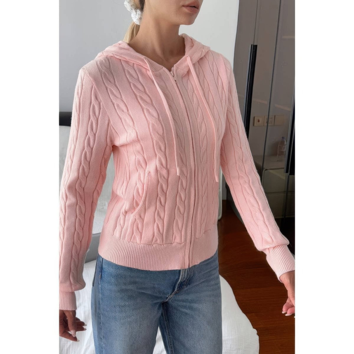 Women's Cable Knit Pocket Hooded Jacket – Cozy Fit - AMVIM