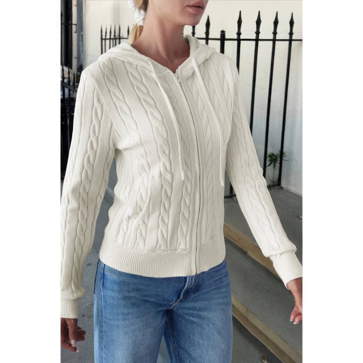 Women's Cable Knit Pocket Hooded Jacket – Cozy Fit - AMVIM