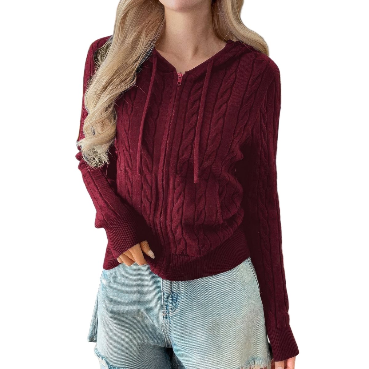 Women's Cable Knit Pocket Hooded Jacket – Cozy Fit - AMVIM