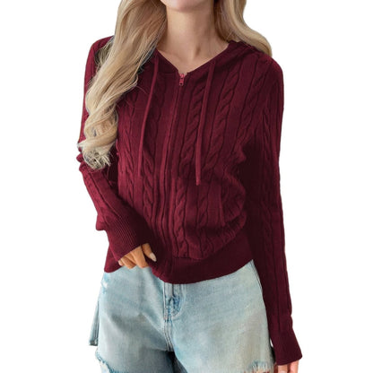 Women's Cable Knit Pocket Hooded Jacket – Cozy Fit - AMVIM