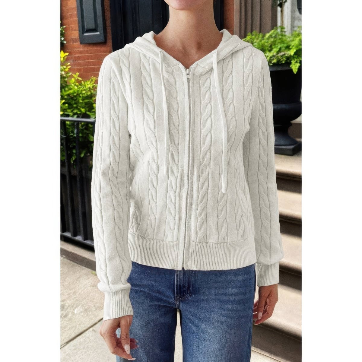 Women's Cable Knit Pocket Hooded Jacket – Cozy Fit - AMVIM