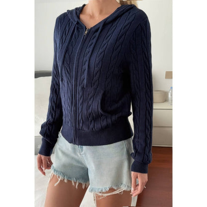 Women's Cable Knit Pocket Hooded Jacket – Cozy Fit - AMVIM