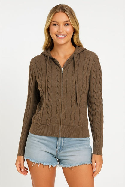 Women's Cable Knit Pocket Hooded Jacket – Cozy Fit - AMVIM