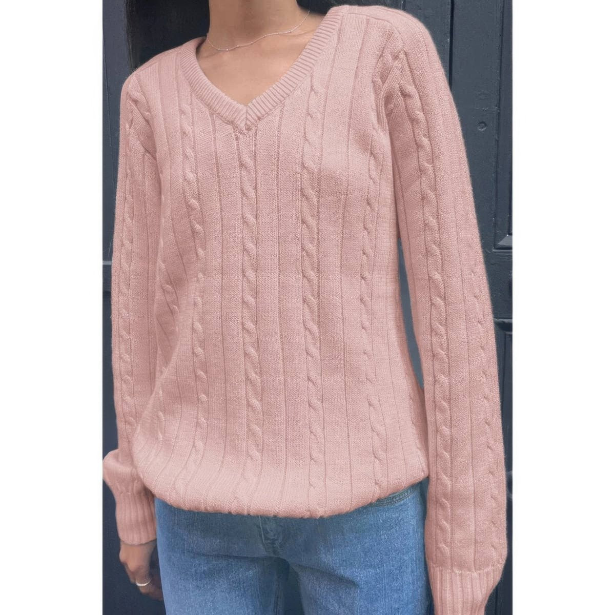 Women's Cable Knit V Neck Long Sleeve Pullover Sweater - AMVIM