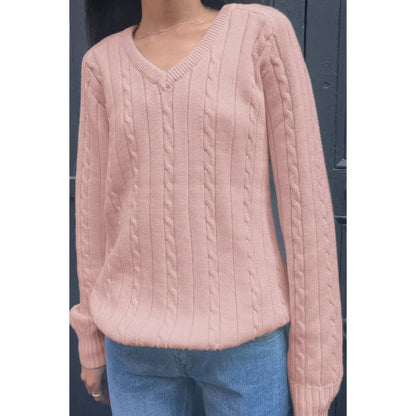 Women's Cable Knit V Neck Long Sleeve Pullover Sweater - AMVIM