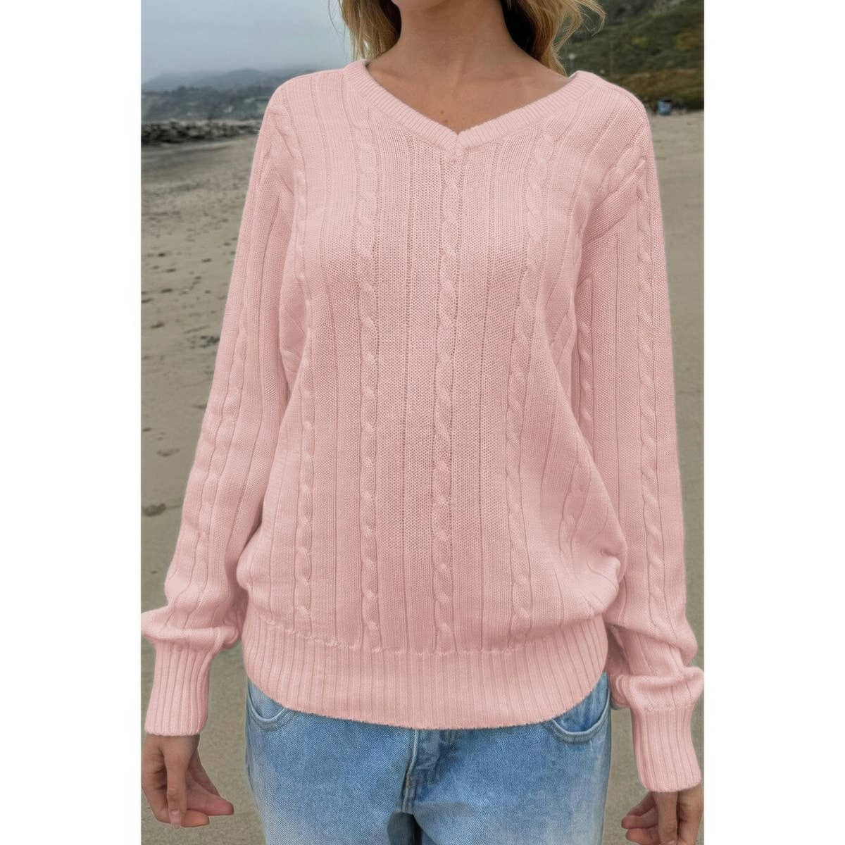 Women's Cable Knit V Neck Long Sleeve Pullover Sweater - AMVIM
