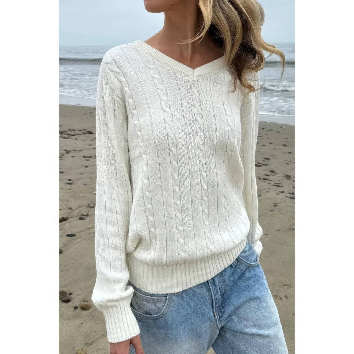 Women's Cable Knit V Neck Long Sleeve Pullover Sweater - AMVIM