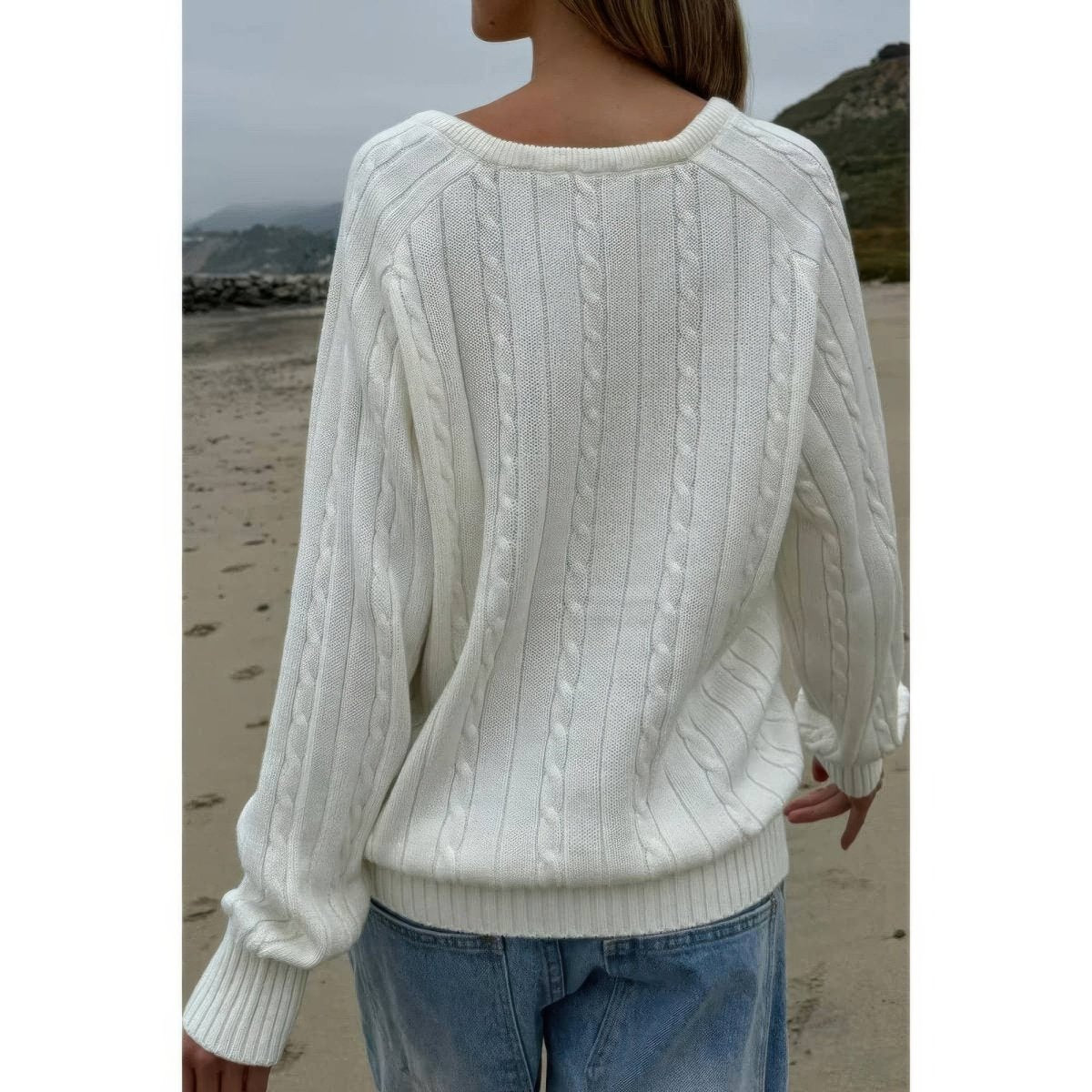 Women's Cable Knit V Neck Long Sleeve Pullover Sweater - AMVIM