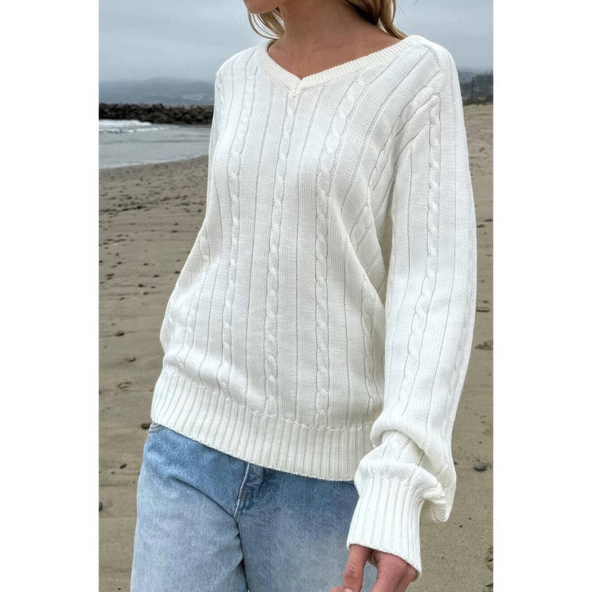 Women's Cable Knit V Neck Long Sleeve Pullover Sweater - AMVIM