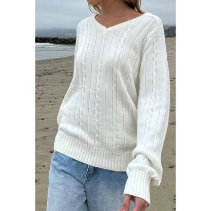 Women's Cable Knit V Neck Long Sleeve Pullover Sweater - AMVIM