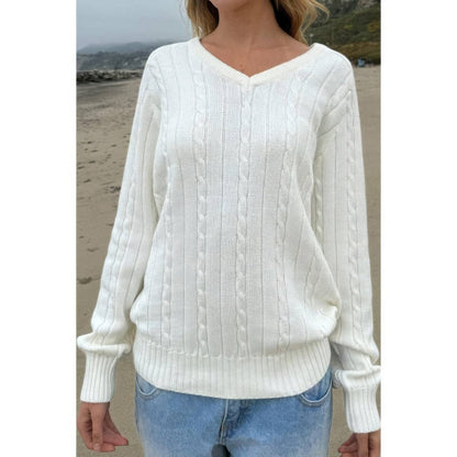 Women's Cable Knit V Neck Long Sleeve Pullover Sweater - AMVIM
