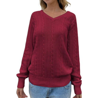 Women's Cable Knit V Neck Long Sleeve Pullover Sweater - AMVIM