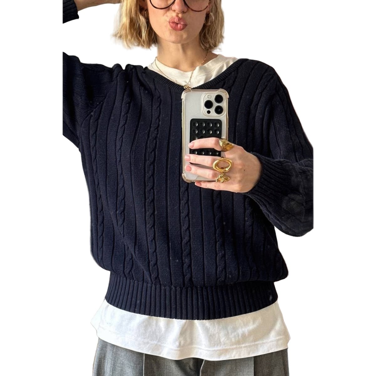 Women's Cable Knit V Neck Long Sleeve Pullover Sweater - AMVIM