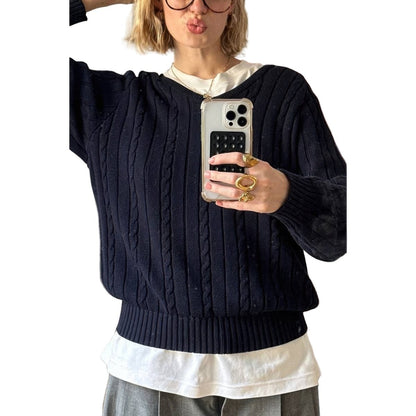 Women's Cable Knit V Neck Long Sleeve Pullover Sweater - AMVIM